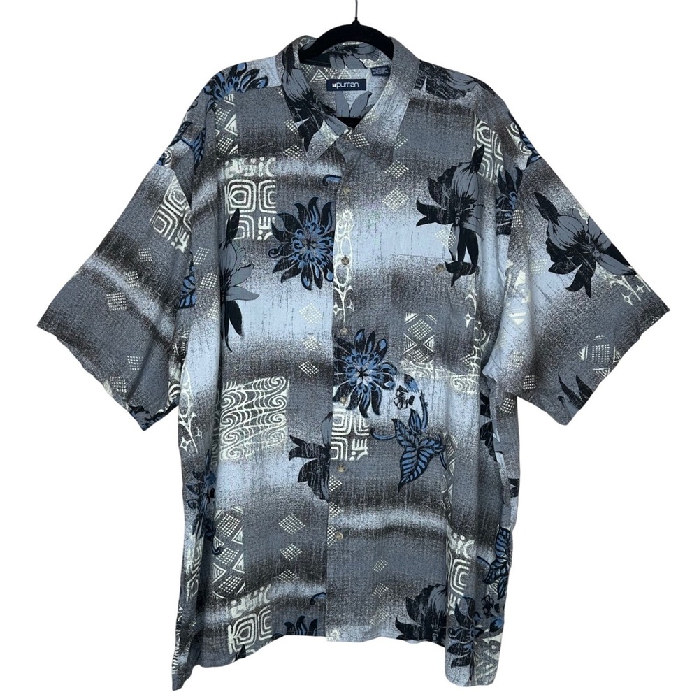 Puritan VTG 3XL Gray Blue Floral Hawaiian Shirt Button Up‎ Short Sleeve Vacation